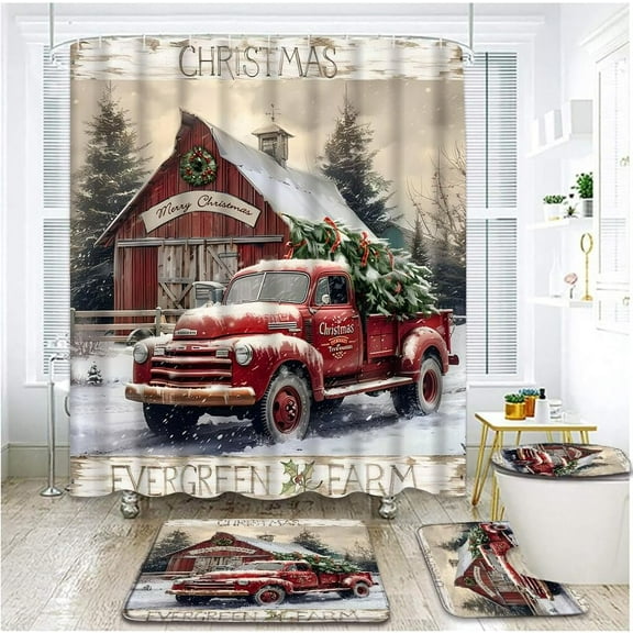 4 Piece Christmas Red Truck Shower Curtain Set with Rugs, Toilet Lid Cover ,Rustic Vintage Car Xmas Pine Fir Tree Barn Snowfield Farmhouse Winter Holiday Country Bathroom Shower Curtain with Hooks