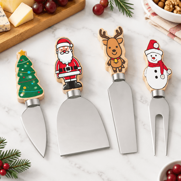4-Piece Christmas Themed Cheese Spreader Set with Wooden Handles