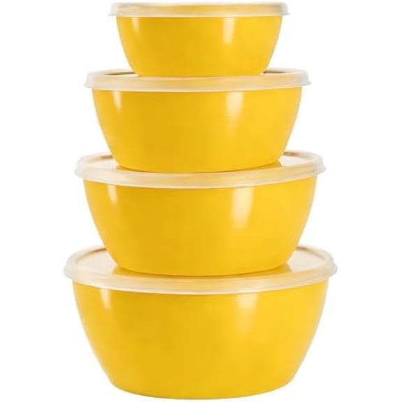 4-Piece Classic Plastic Prep Bowls with Lids, Nesting Plastic Small Mixing Bowl Set for Mixing, Baking, Prepping, Cooking and Serving Food, Microwave and Dishwasher Safe (Yellow)