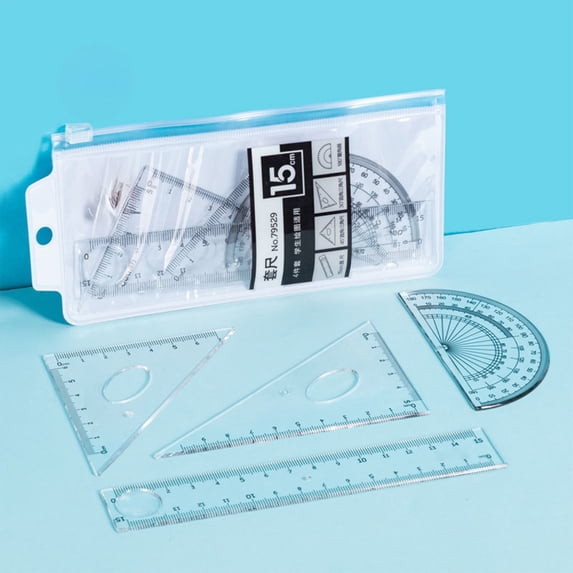 4-Piece Clear Mathematical Ruler Set, Safe Rounded-Edge Geometry Kit with 15cm Straight Ruler, Protractor, and Two Triangles for Students, Math, and Drawing