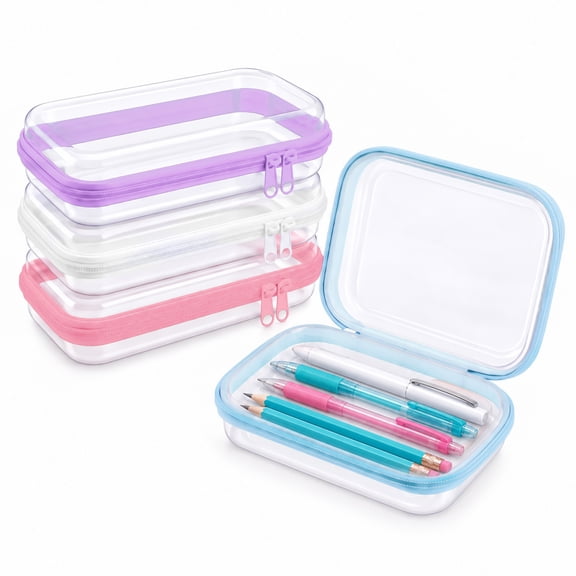 Clear Pencil Cases, 4 piece Hard Pet Zipper Pouches for Pens and Markers, 8.27 x 5.91 x 1.97 in, White Pink Purple Blue