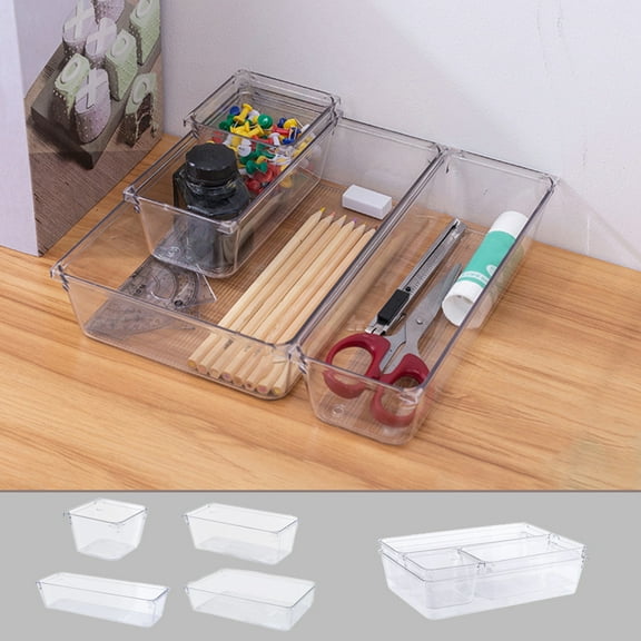 4-Piece Clear Plastic Drawer Organizer Set for Home and Office Storage
