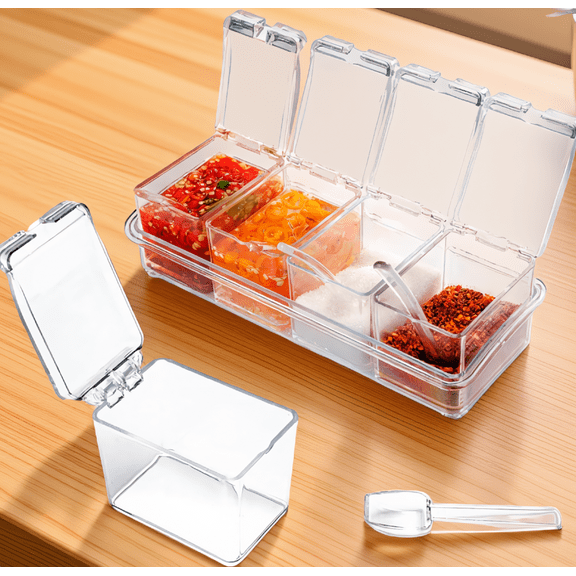 4-Piece Clear Spice Jars Set with Built-in Spoons and Non-Slip Tray, Stackable Countertop Organizer
