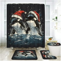 4 Piece Coastal Christmas Shower Curtain Set with Rugs, Toilet Lid Cover ,Funny Dolphin Wear Santa Hat Jummping Ocean Watercolor Tropical Marine Animal Cartoon Bathroom Shower Curtain with Hooks