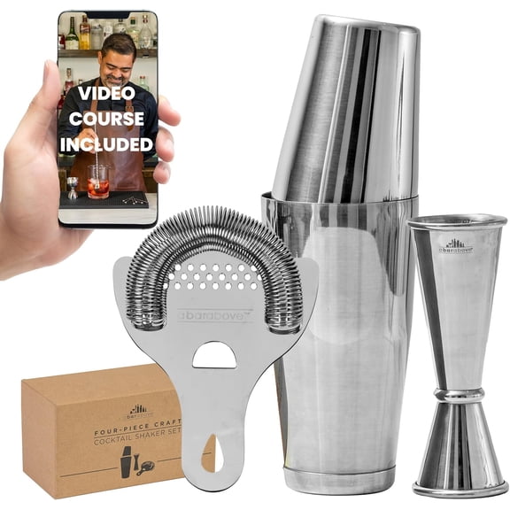 4-Piece Cocktail Shaker Set, for Professional and Home Bar, Premium Bar Kit Gifts, Includes Strainer, Jigger, Shaker Set, and 4-Hour Cocktail Course