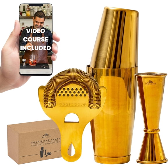 4-Piece Cocktail Shaker Set, for Professional and Home Bar, Premium Bar Kit Gifts, Includes Strainer, Jigger, Shaker Set, and 4-Hour Cocktail Course