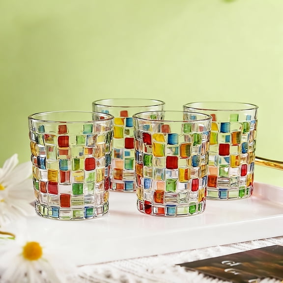 4pcs Colored Glass Mugs Set, Premium Painted Vintage Style for Coffee Water Whiskey Beer, Lead-Free Home Drinkware
