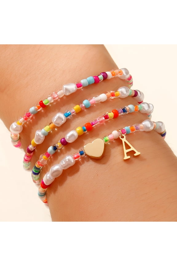4-Piece Colorful Initial Bracelet Set, Bohemian Style Stackable Set Birthday Gift