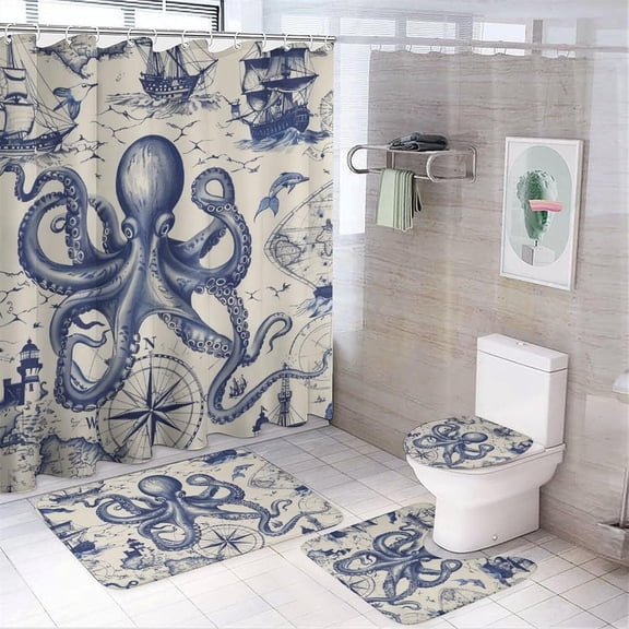 4 Piece Colorful Nautical Octopus Shower Curtain Set with Rugs, Rustic Ocean Boat Nautical Include Bathroom Non-Slip Floor Mat, U-Shaped Bath Rug and Toilet Cover Lid with 12 Hooks