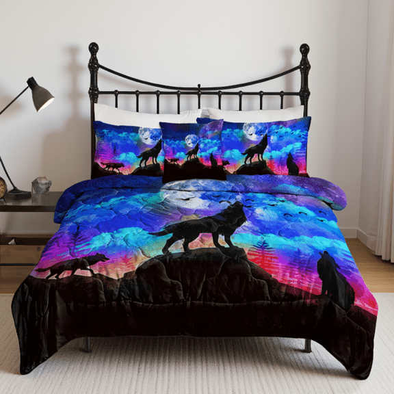 4-Piece Comforter Set Three Wolves Howling at Moon 3D Print, Double-Brushed Microfiber with Cushion Cover, Full Queen King
