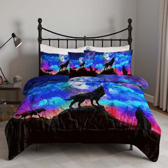 4-Piece Comforter Set with Cushion Cover, Three Wolves Howling Print, King Size, Microfiber Bedding