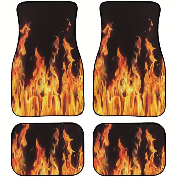 4-Piece Complete of Four Orange Fire Flame Designed Prevent Car Floor Mats, Universal Fit Polyester All Weather Auto Floor Liners for Cars Trucks Suvs, Anti-Slip Easy Clean Interior Set