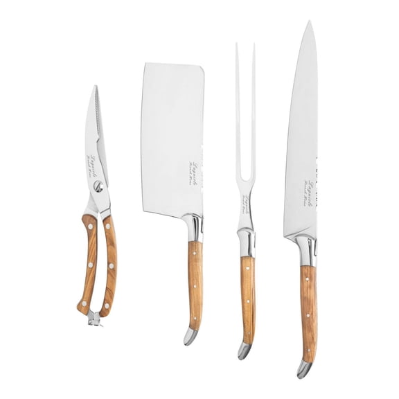 4-Piece Connoisseur Laguiole Professional Chef Knife Set with Olive Wood Handles, Stainless Steel Blades, and Wood Case