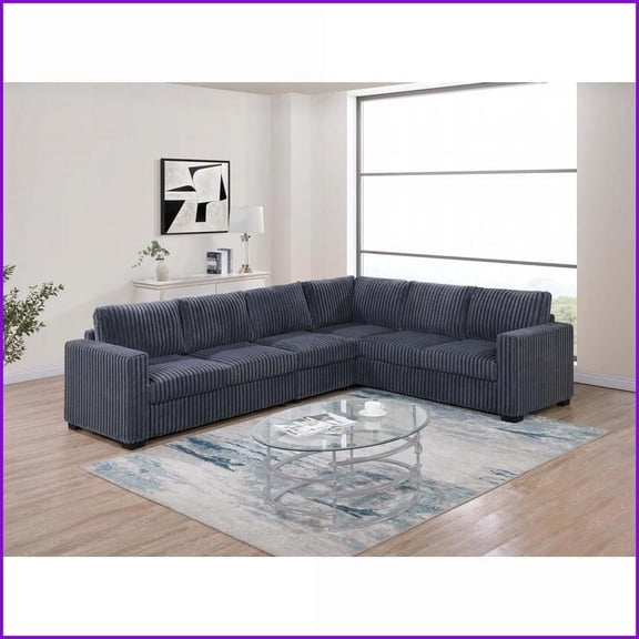4-Piece Contemporary L-Shaped Dark Gray Corduroy Plush Sectional Sofa | Dark Gray | Corduroy | Foam+Spring