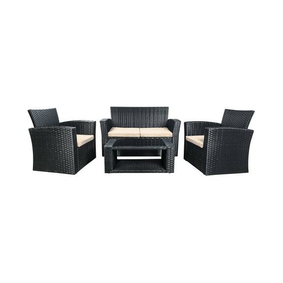 4-Piece Conversation Outdoor Patio Sofa Set with Cushions, Black/Beige