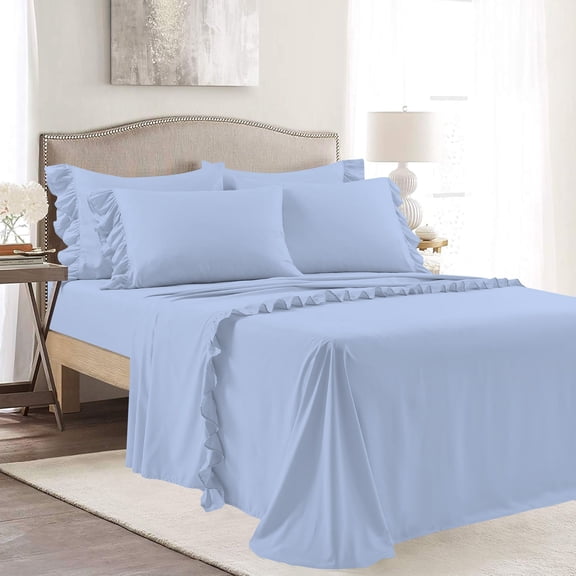 4 Piece Corner Ruffle Sheet Set, 3" Inch Corner Ruffle On Flat Sheet, 10 Inch Deep Pocket, 100% Egyptian Cotton, 800 TC, Twin XL Size, Solid Light Blue
