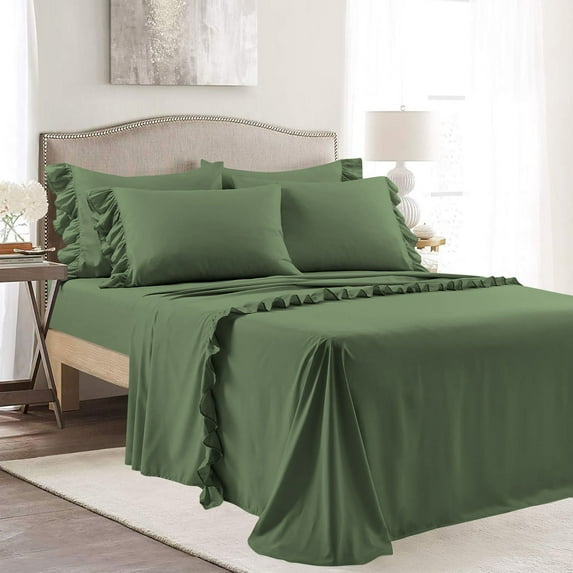 4 Piece Corner Ruffle Sheet Set, 3" Inch Corner Ruffle On Flat Sheet, 15 Inch Deep Pocket, 100% Egyptian Cotton, 800 TC, Olympic Queen Size, Solid Moss