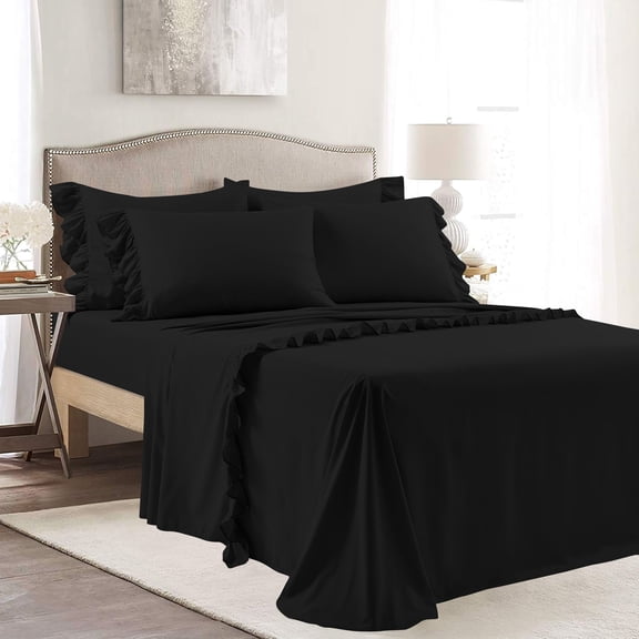 4 Piece Corner Ruffle Sheet Set, 3" Inch Corner Ruffle On Flat Sheet, 21 Inch Deep Pocket, 100% Egyptian Cotton, 800 TC, Olympic Queen Size, Solid Black