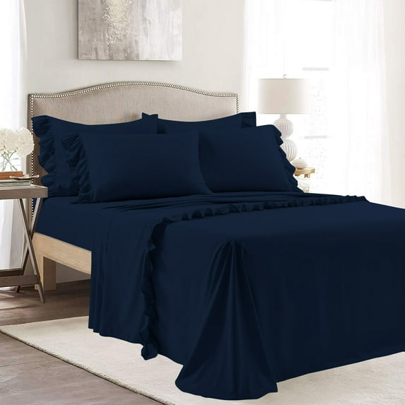 4 Piece Corner Ruffle Sheet Set, 3" Inch Corner Ruffle On Flat Sheet, 21 Inch Deep Pocket, 100% Egyptian Cotton, 800 TC, Olympic Queen Size, Solid Navy Blue