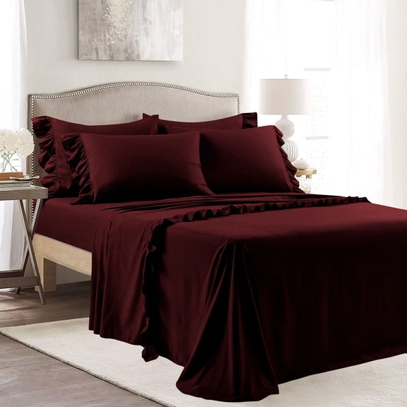 4 Piece Corner Ruffle Sheet Set, 3" Inch Corner Ruffle On Flat Sheet, 21 Inch Deep Pocket, 100% Egyptian Cotton, 800 TC, Olympic Queen Size, Solid Wine