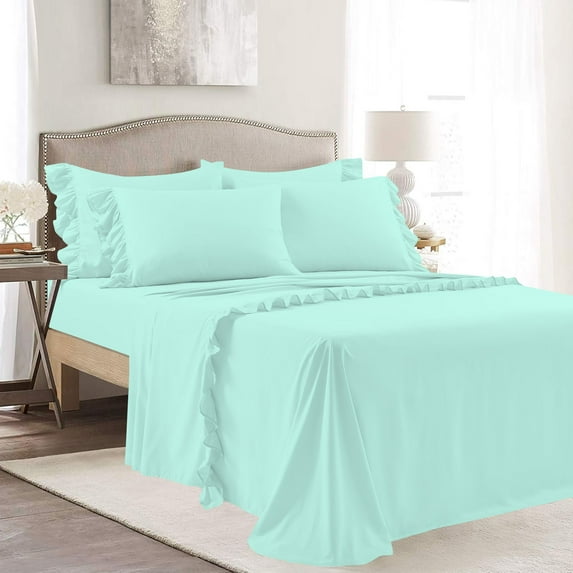 4 Piece Corner Ruffle Sheet Set, 3" Inch Corner Ruffle On Flat Sheet, 12 Inch Deep Pocket, 100% Egyptian Cotton, 800 TC, King Size, Solid Aqua Blue