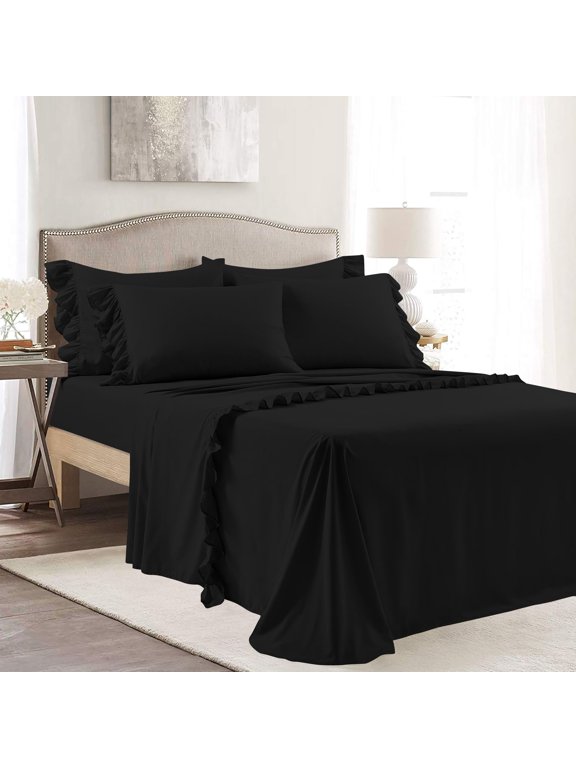 4 Piece Corner Ruffle Sheet Set, 3" Inch Corner Ruffle On Flat Sheet, 15 Inch Deep Pocket, 100% Egyptian Cotton, 800 TC, Queen Size, Solid Black