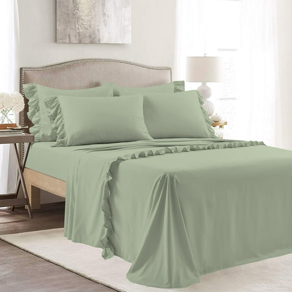4 Piece Corner Ruffle Sheet Set, 3" Inch Corner Ruffle On Flat Sheet, 15 Inch Deep Pocket, 100% Egyptian Cotton, 800 TC, Queen Size, Solid Light Sage
