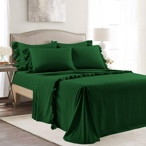 4 Piece Corner Ruffle Sheet Set, 3" Inch Corner Ruffle On Flat Sheet, 18 Inch Deep Pocket, 100% Egyptian Cotton, 800 TC, Full Size, Solid Green