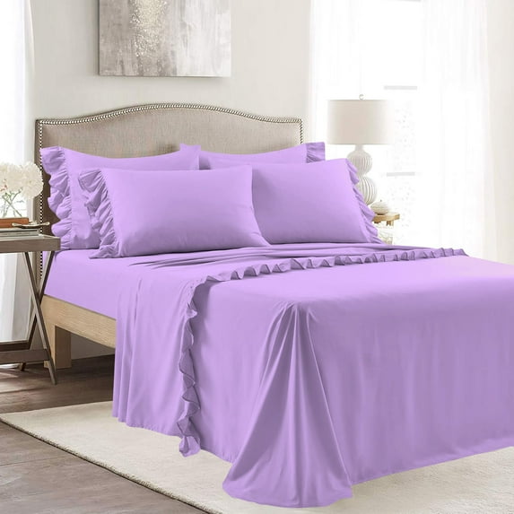 4 Piece Corner Ruffle Sheet Set, 3" Inch Corner Ruffle On Flat Sheet, 18 Inch Deep Pocket, 100% Egyptian Cotton, 800 TC, Queen Size, Solid Lilac