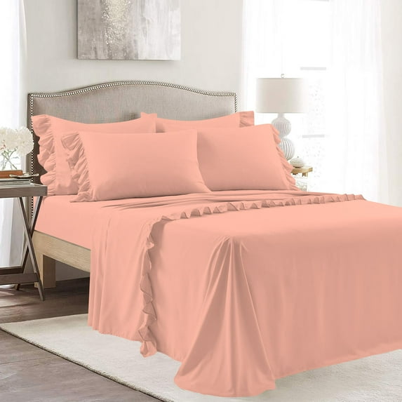 4 Piece Corner Ruffle Sheet Set, 3" Inch Corner Ruffle On Flat Sheet, 18 Inch Deep Pocket, 100% Egyptian Cotton, 800 TC, Twin XL Size, Solid Peach