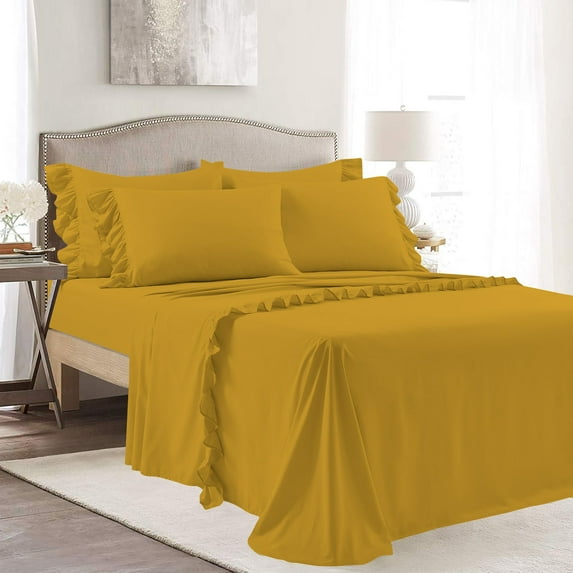 4 Piece Corner Ruffle Sheet Set, 3" Inch Corner Ruffle On Flat Sheet, 21 Inch Deep Pocket, 100% Egyptian Cotton, 800 TC, Twin Size, Solid Gold