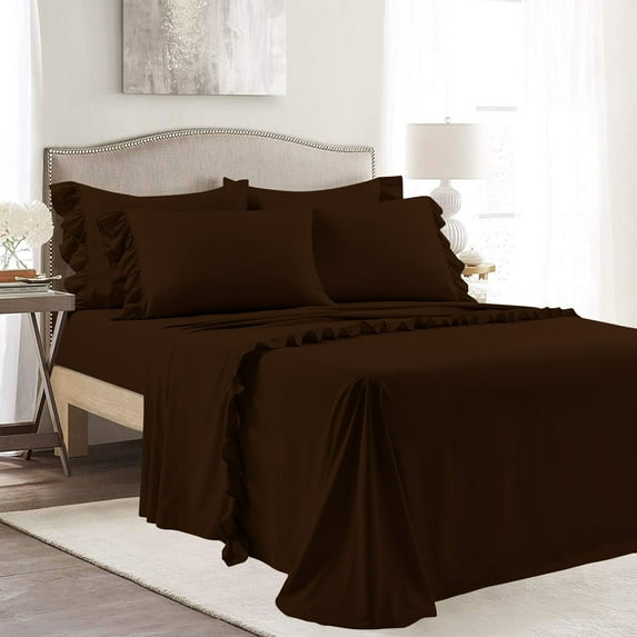 4 Piece Corner Ruffle Sheet Set, 3" Inch Corner Ruffle On Flat Sheet, 26 Inch Deep Pocket, 100% Egyptian Cotton, 800 TC, Queen Size, Solid Chocolate
