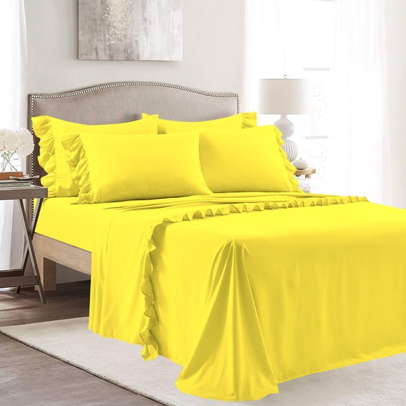 4 Piece Corner Ruffle Sheet Set, 3" Inch Corner Ruffle On Flat Sheet, 26 Inch Deep Pocket, 100% Egyptian Cotton, 800 TC, Queen Size, Solid Yellow