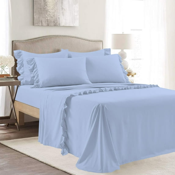 4 Piece Corner Ruffle Sheet Set, 3" Inch Corner Ruffle On Flat Sheet, 8 Inch Deep Pocket, 100% Egyptian Cotton, 800 TC, Full Size, Solid Light Blue
