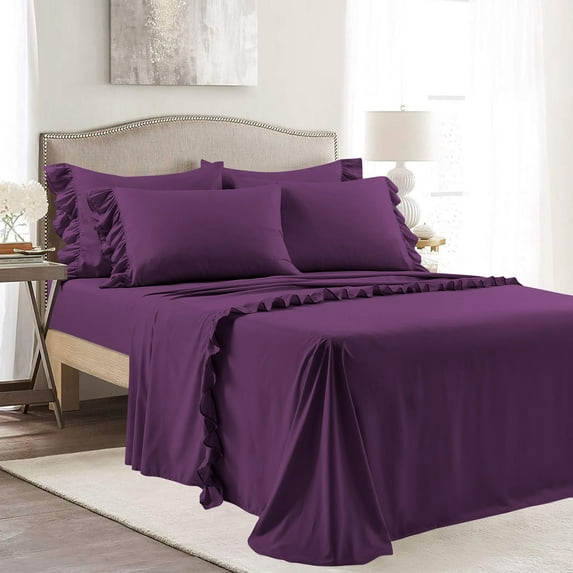 4 Piece Corner Ruffle Sheet Set, 3" Inch Corner Ruffle On Flat Sheet, 8 Inch Deep Pocket, 100% Egyptian Cotton, 800 TC, Twin Size, Solid Plum
