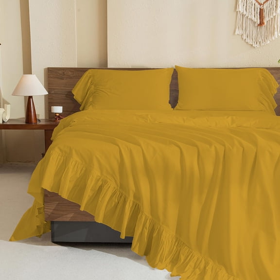 4 Piece Corner Ruffle Sheet Set, 6" Inch Corner Ruffle On Flat Sheet And Pillowcases, 12 Inch Deep Pocket, 100% Egyptian Cotton, 800 TC, Queen Size, Solid Gold