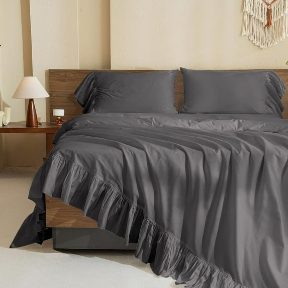 4 Piece Corner Ruffle Sheet Set, 6" Inch Corner Ruffle On Flat Sheet And Pillowcases, 15 Inch Deep Pocket, 100% Egyptian Cotton, 800 TC, Queen Size, Solid Dark Grey