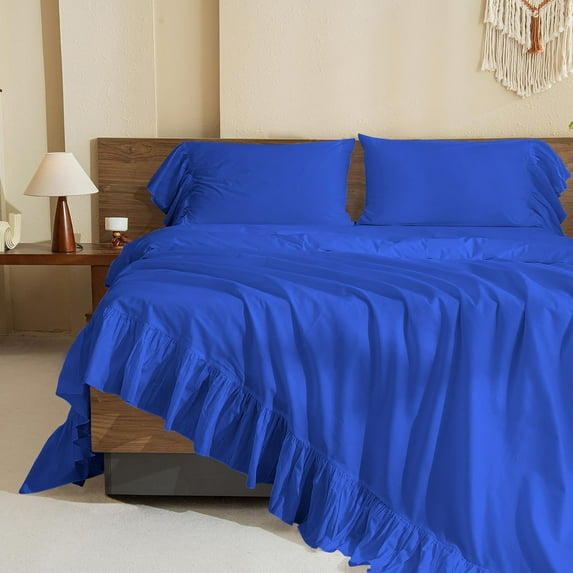 4 Piece Corner Ruffle Sheet Set, 6" Inch Corner Ruffle On Flat Sheet And Pillowcases, 15 Inch Deep Pocket, 100% Egyptian Cotton, 800 TC, Queen Size, Solid Royal Blue