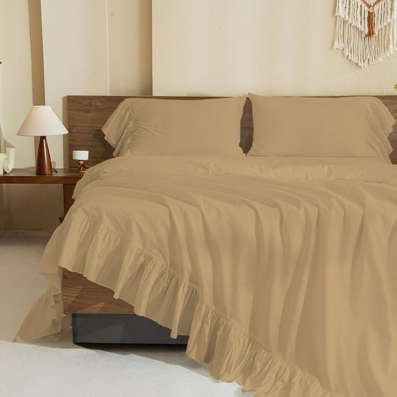 4 Piece Corner Ruffle Sheet Set, 6" Inch Corner Ruffle On Flat Sheet And Pillowcases, 18 Inch Deep Pocket, 100% Egyptian Cotton, 800 TC, King Size, Solid Taupe