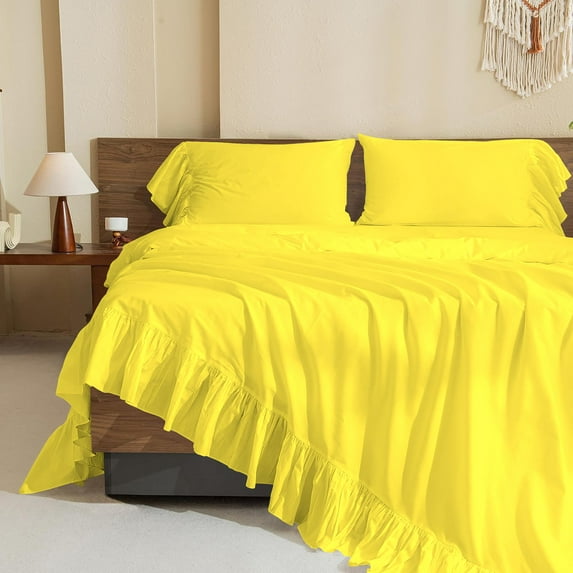 4 Piece Corner Ruffle Sheet Set, 6" Inch Corner Ruffle On Flat Sheet And Pillowcases, 18 Inch Deep Pocket, 100% Egyptian Cotton, 800 TC, Olympic Queen Size, Solid Yellow