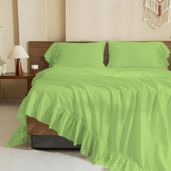 4 Piece Corner Ruffle Sheet Set, 6" Inch Corner Ruffle On Flat Sheet And Pillowcases, 18 Inch Deep Pocket, 100% Egyptian Cotton, 800 TC, Twin XL Size, Solid Sage
