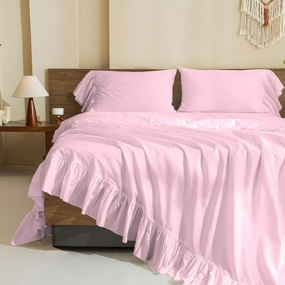4 Piece Corner Ruffle Sheet Set, 6" Inch Corner Ruffle On Flat Sheet And Pillowcases, 21 Inch Deep Pocket, 100% Egyptian Cotton, 800 TC, Twin XL Size, Solid Light Pink