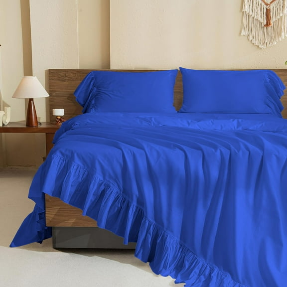 4 Piece Corner Ruffle Sheet Set, 6" Inch Corner Ruffle On Flat Sheet And Pillowcases, 24 Inch Deep Pocket, 100% Egyptian Cotton, 800 TC, Twin Size, Solid Royal Blue
