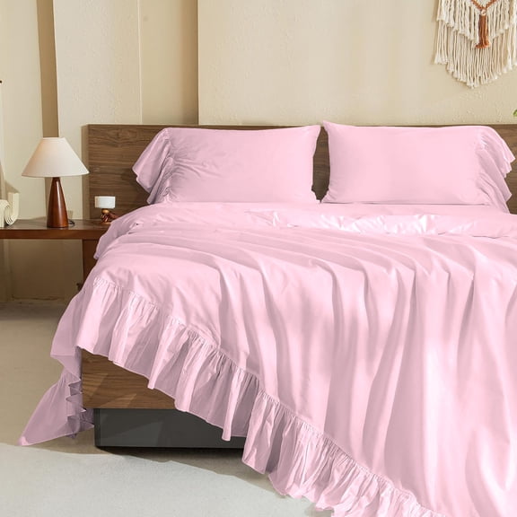 4 Piece Corner Ruffle Sheet Set, 6" Inch Corner Ruffle On Flat Sheet And Pillowcases, 26 Inch Deep Pocket, 100% Egyptian Cotton, 800 TC, Cal King Size, Solid Light Pink