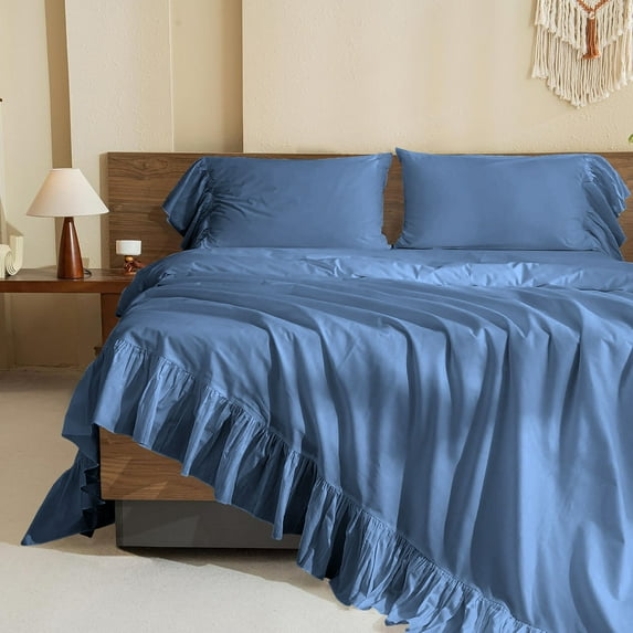 4 Piece Corner Ruffle Sheet Set, 6" Inch Corner Ruffle On Flat Sheet And Pillowcases, 26 Inch Deep Pocket, 100% Egyptian Cotton, 800 TC, Cal King Size, Solid Medium Blue
