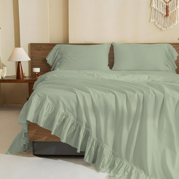 4 Piece Corner Ruffle Sheet Set, 6" Inch Corner Ruffle On Flat Sheet And Pillowcases, 26 Inch Deep Pocket, 100% Egyptian Cotton, 800 TC, Twin XL Size, Solid Light Sage