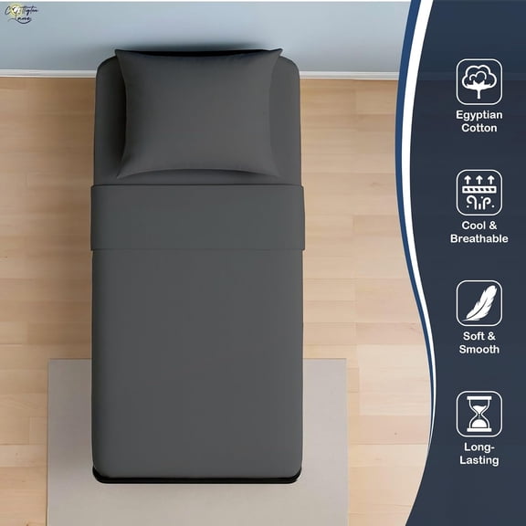 4 Piece Cot Sheets 25x75 Set, Premium Egyptian Cotton Sheets, Perfect for Narrow Twin, Camp Bunk, Army Cots, Trifold Mattress, Camping Cot, Guest Bed Replacement, Dark Grey