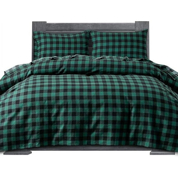 4-Piece Cotton Flannel Sheet Set, Deep Pocket Fitted, Cali King, Buffalo Check Green