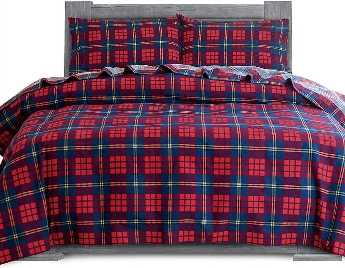 Elegant Comfort 4-Piece Cotton Flannel Sheet Set, Deep Pocket Fitted, Cali King, Plaid-Red/Navy
