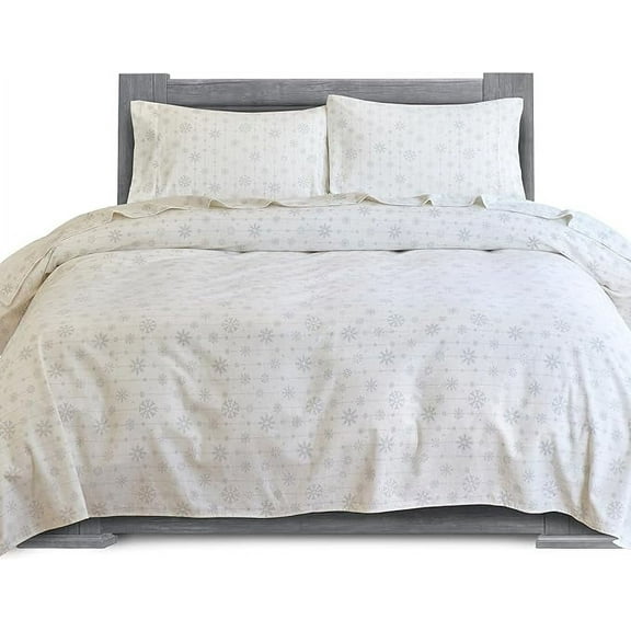 4-Piece Cotton Flannel Sheet Set, Deep Pocket Fitted, Full, Snowflake Gray